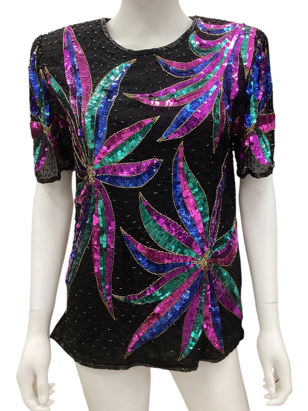 San Angelo Nights VTG Top Women’s Size Medium Beaded Silk w/ Sequins in Black